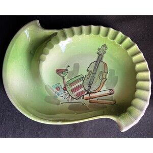 Rare Vintage 1950’s CERAMIC Hand Painted Martini Glass Violin Tobacco ASHTRAY